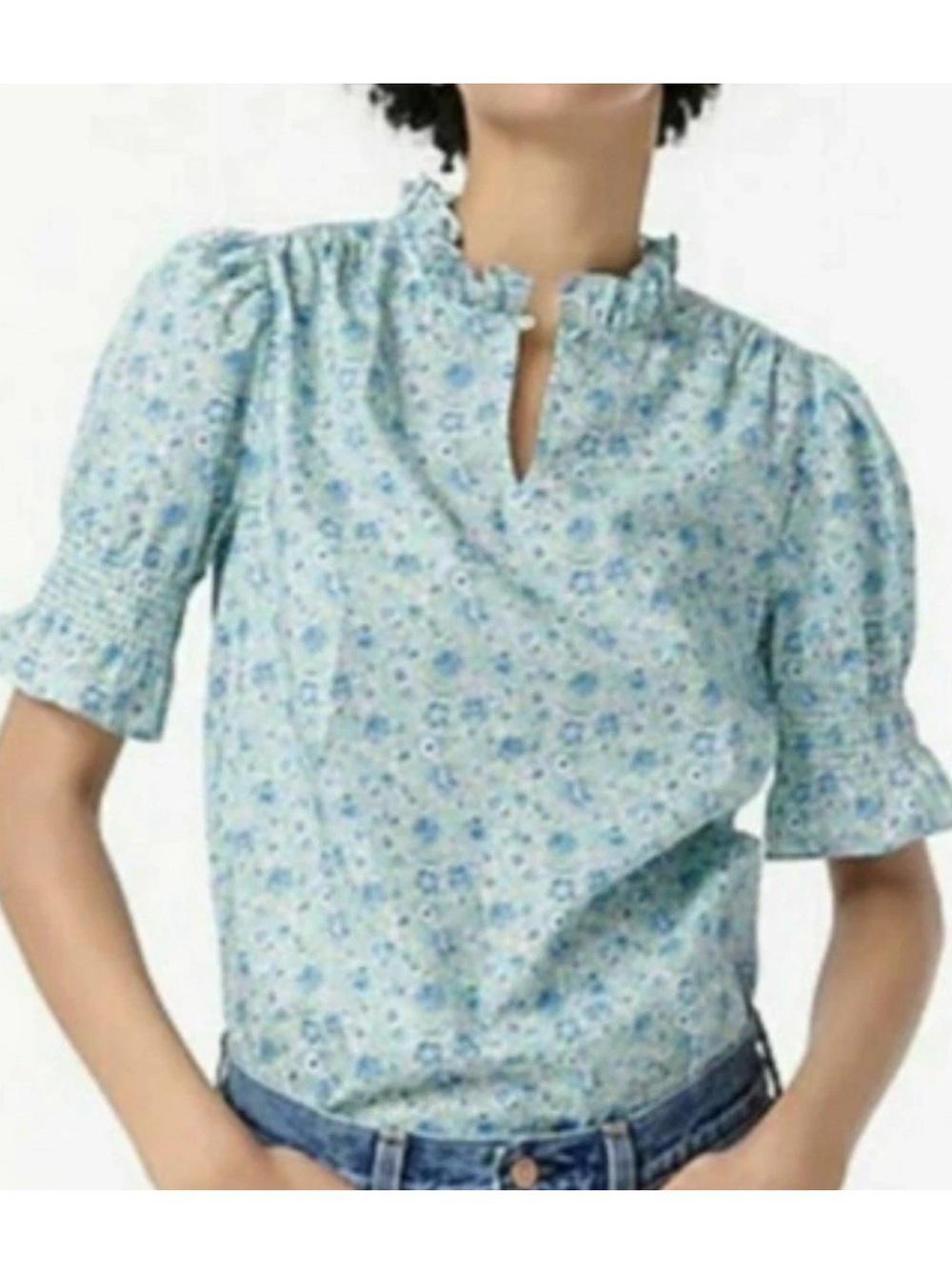 J. Crew x Liberty London Puff-sleeve top in Liberty Amelie floral blue ruffle XS